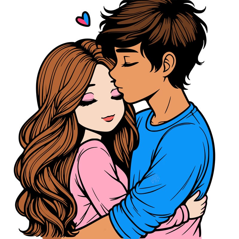 a realistic couple boy and girl hugging and kissing