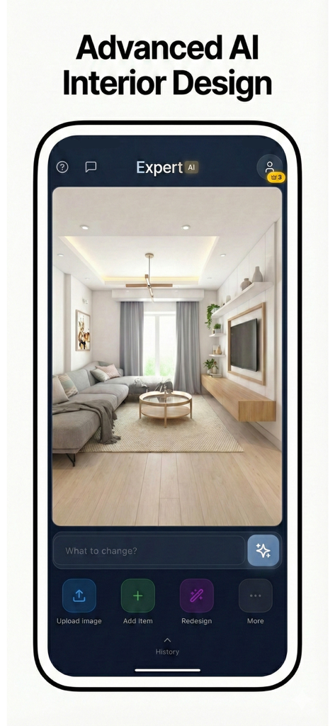 Expert AI: Interior Design - Interface of the Expert AI Interior Design app showcasing a modern living room transformation with AI