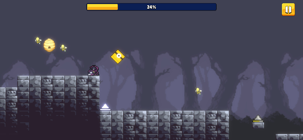 Gameplay de Hero Dash Jump montrant un personnage sautant par-dessus des obstacles dans un niveau de forêt sombre avec une barre de progression en haut.