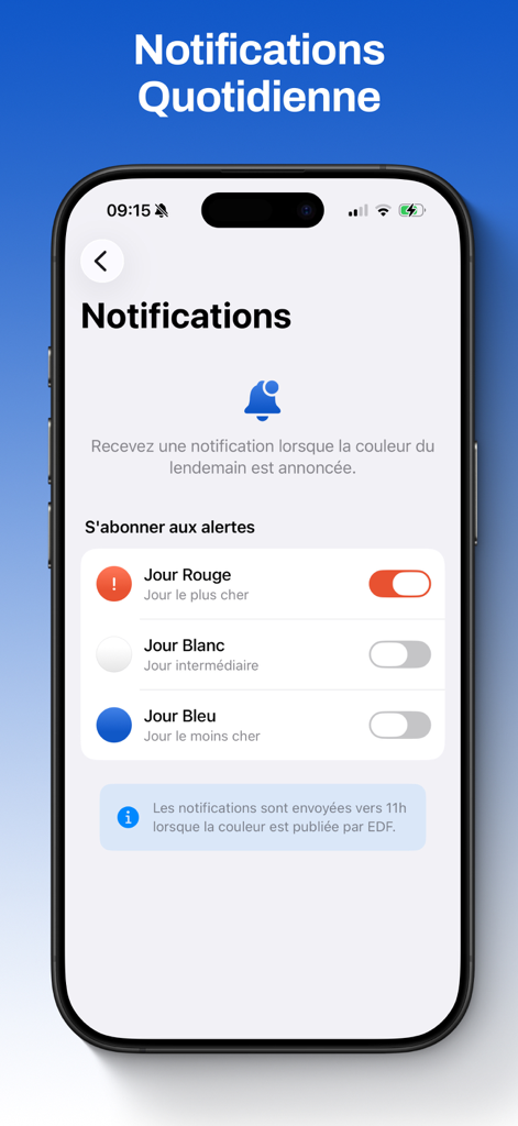 Tempo EDF : Couleur du jour - Notification settings screen of the Tempo EDF app showing options to subscribe to alerts for red white and blue days
