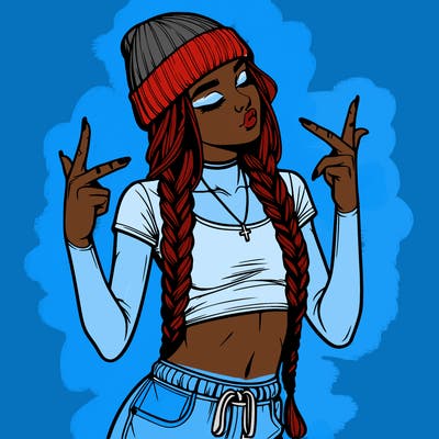 realistic teenage girl with braids and a beanie and crop top doing 🫶🏼