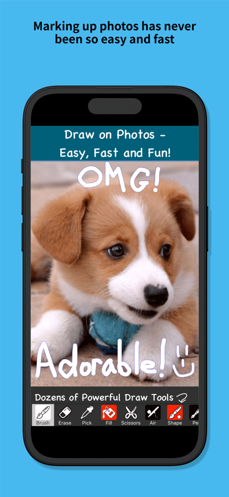 Smartphone screen showing the You Doodle app interface with a puppy photo edited with handwritten text and markup tools