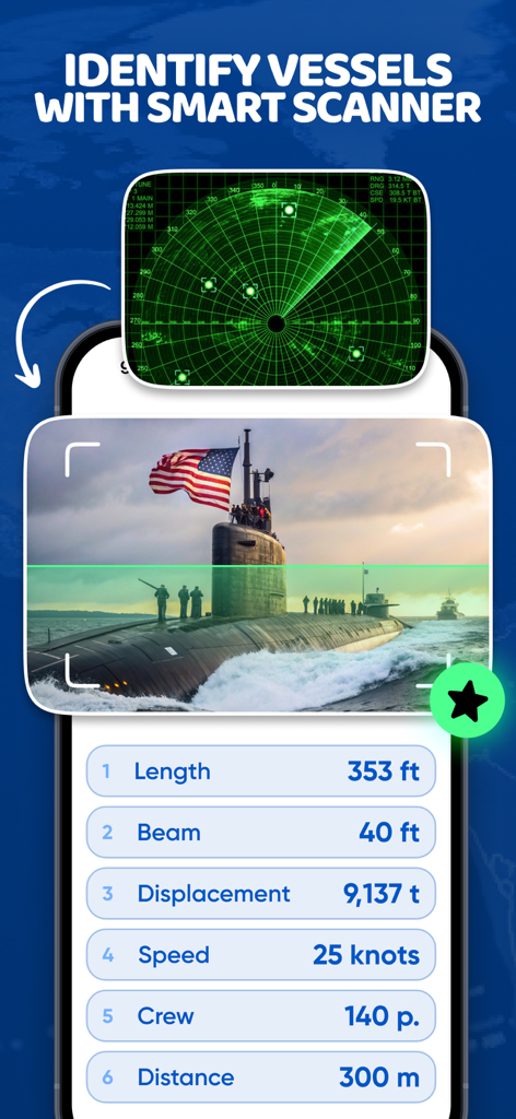 Interfaz de la aplicación Marine Traffic mostrando un escáner inteligente identificando un submarino con especificaciones del buque como longitud y velocidad