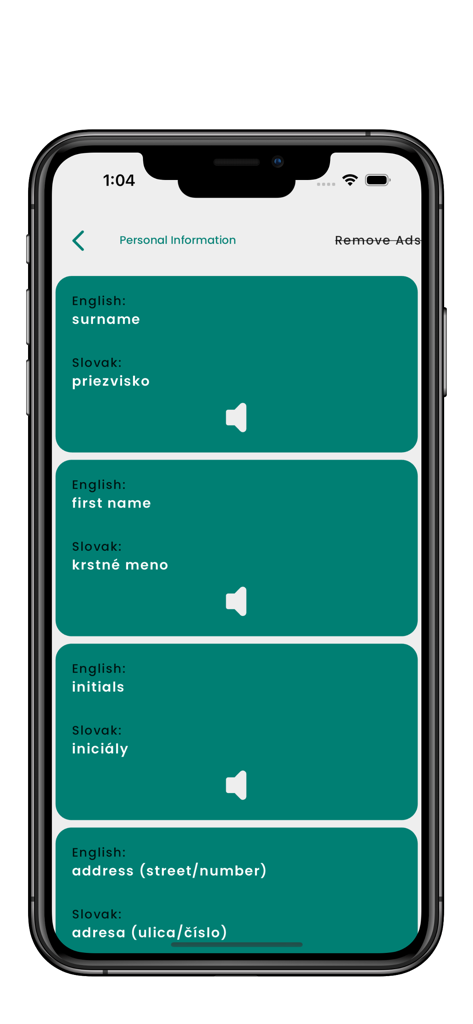 Capture d'écran de l'application Apprendre le slovaque montrant des cartes de vocabulaire d'informations personnelles pour le nom et l'adresse avec des boutons audio de prononciation