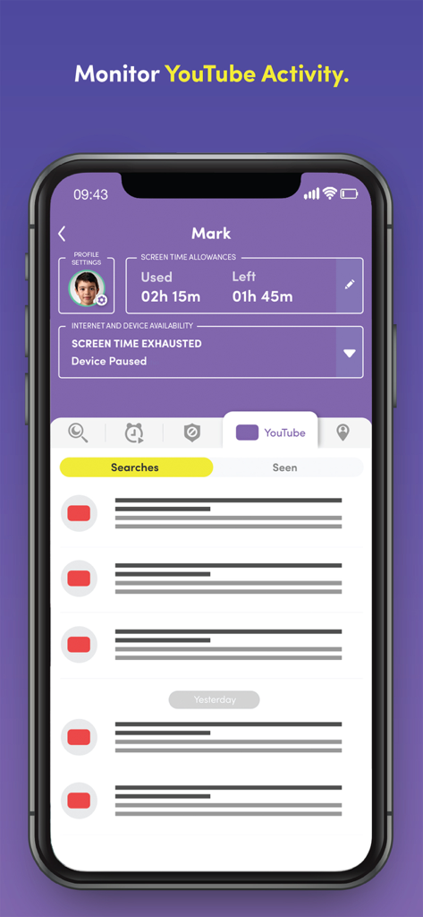 Net Nanny app screen displaying a child's YouTube search history and screen time allowance status