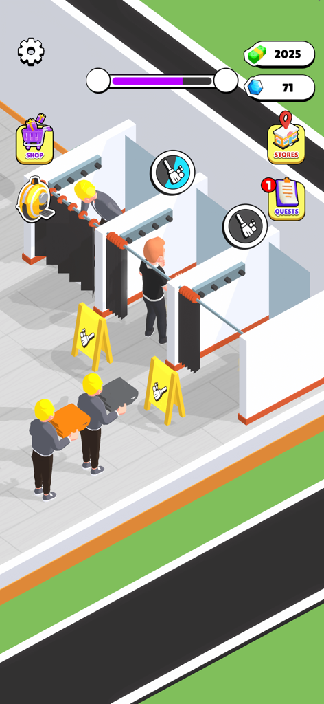 Characters managing and cleaning fitting rooms in the Outlets Rush retail tycoon game