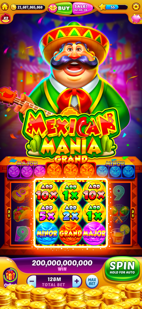 Jackpot Master Slots Mexican Mania Grand game screen with a massive jackpot win notification