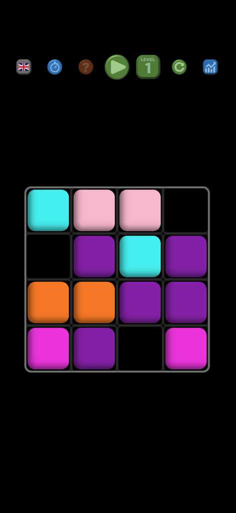 ARDUUM mobile logic puzzle interface showing a four by four grid with colorful square jewels at level one