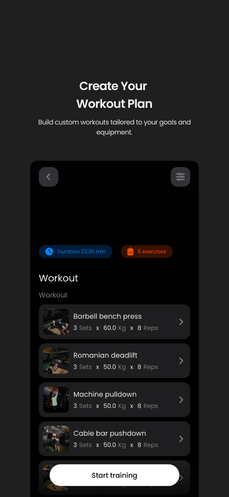 Gpath - Interfaz de la aplicación Gpath para crear planes de entrenamiento personalizados con una lista de ejercicios de entrenamiento de fuerza