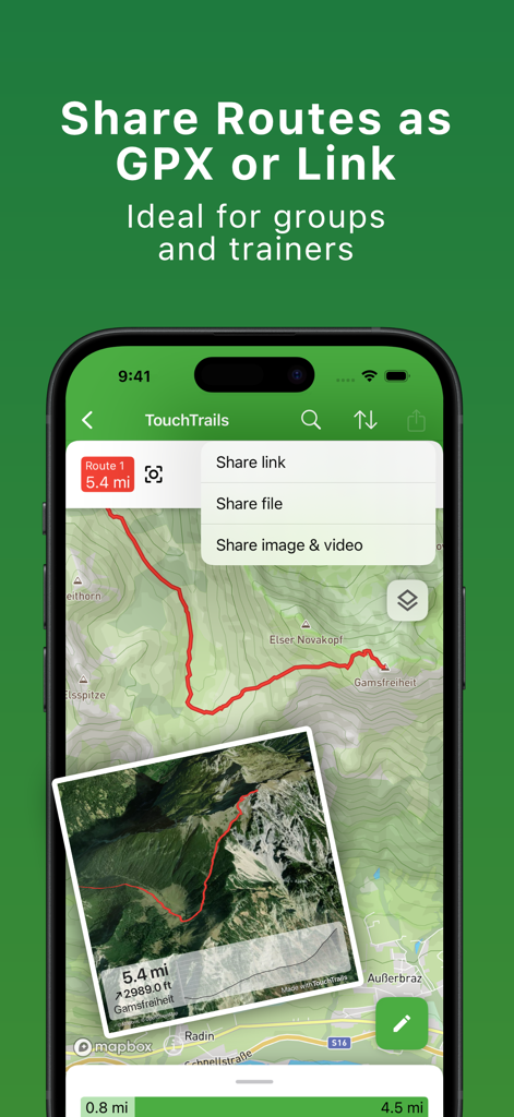 TouchTrails – Route Planner - Pantalla de la aplicación móvil TouchTrails mostrando opciones para compartir rutas al aire libre como archivos GPX o enlaces.