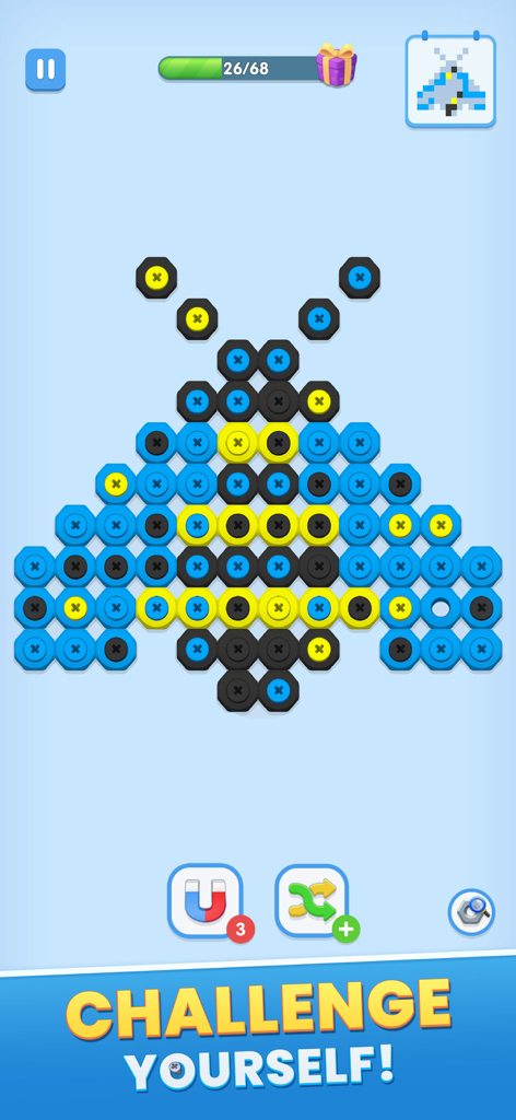 Screw Art: Pixel Art Games - A pixel art butterfly puzzle made of blue yellow and black screws in the Screw Art mobile game interface