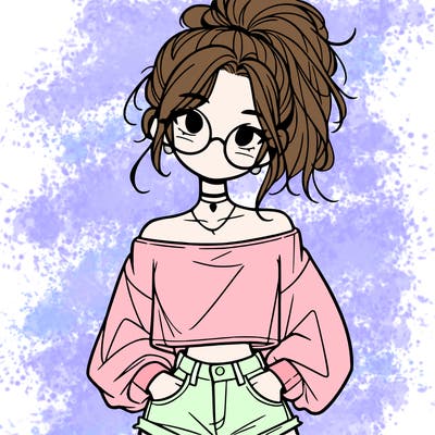 girl with a messy ponytail glasses a baggy crop top and jean shorts