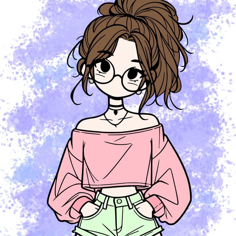 girl with a messy ponytail glasses a baggy crop top and jean shorts