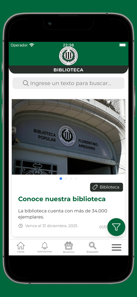 Club Banco Provincia La Plata - Sección de biblioteca de la aplicación móvil Club Banco Provincia La Plata que muestra libros e información de instalaciones.