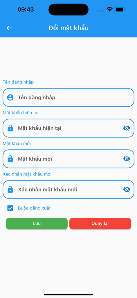 Benutzeroberfläche der ESS Mobile App, die das Formular zum Ändern des Passworts mit Eingabefeldern für Anmeldeinformationen anzeigt.