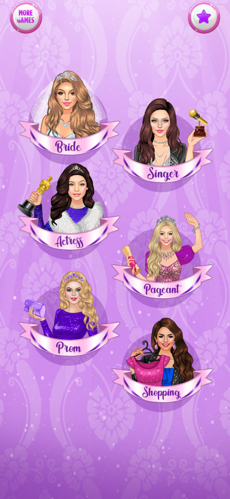 Dress Up for Girls: Star Doll - Selection screen of the Star Doll dress up game showing six fashion roles including Bride Singer and Actress
