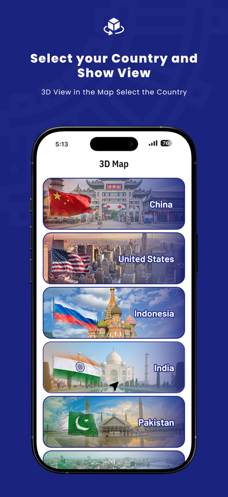All GPS Location Map - A mobile app interface titled 3D Map showing a selection of countries like China, United States, and India with landmark images.