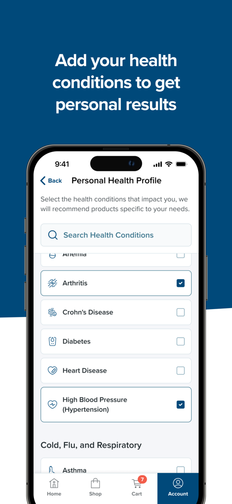 Benefits Pro - Benefits Proアプリのスマートフォン画面で、個人健康プロファイルセクションを表示し、関節炎や高血圧などの健康状態を選択してパーソナライズされた結果を表示