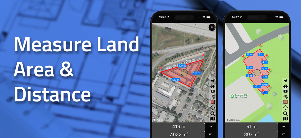 Area and Distance app interface showing land area and distance measurements on satellite and map views