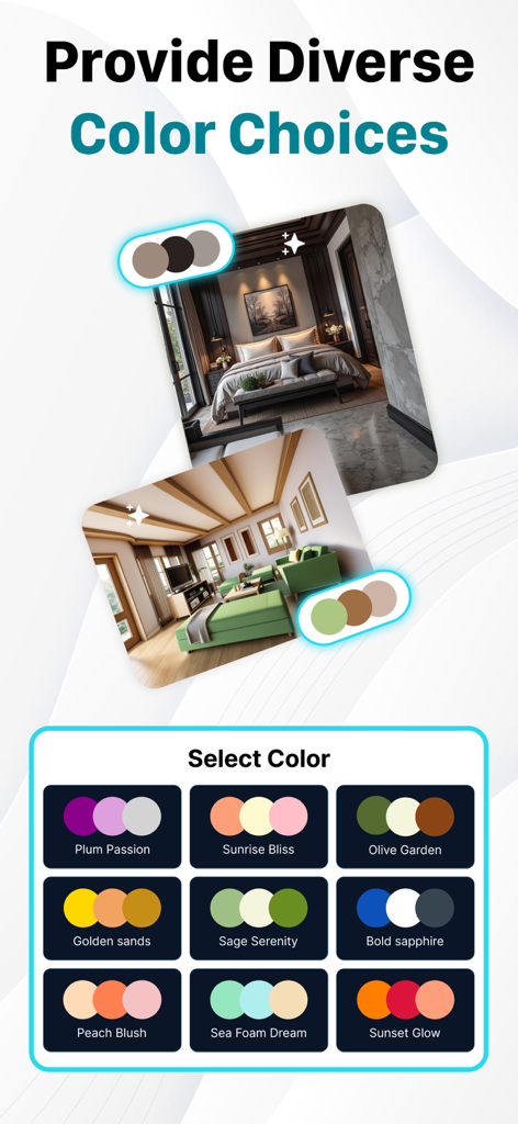 AI Home Design app interface showing diverse color palette options for room interior visualization
