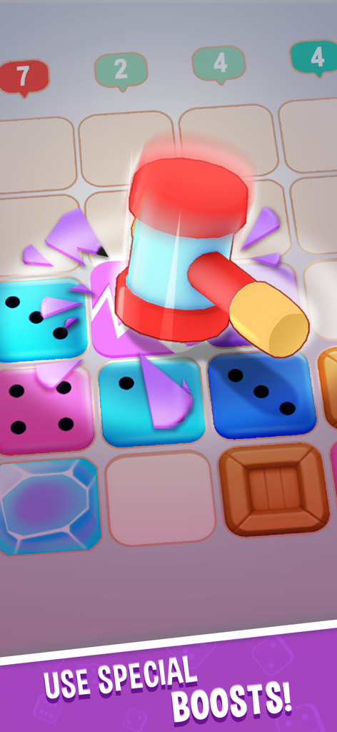 TENS! - A hammer booster clearing tiles on a colorful dice grid in the TENS puzzle game