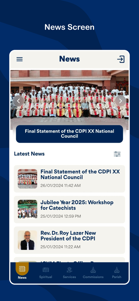 Catholic Connect - Latest news screen of the Catholic Connect app showing church announcements and national council updates.