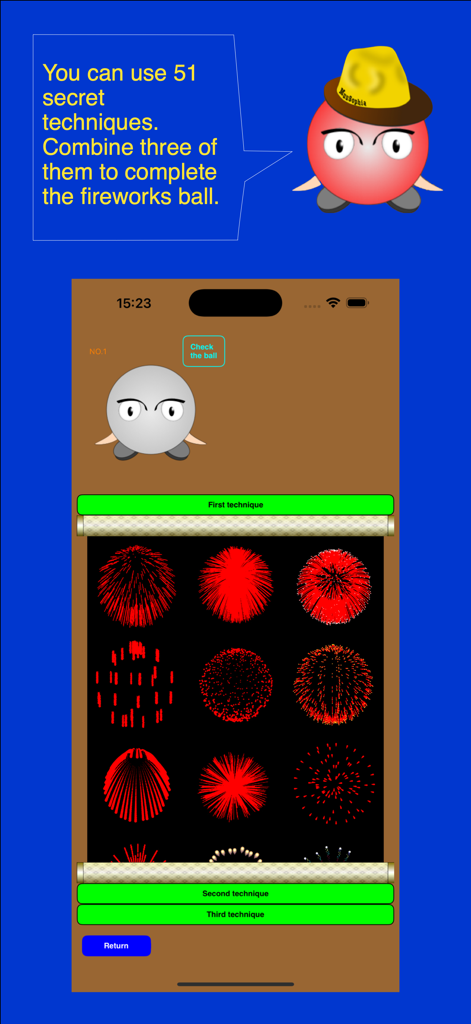 Let's start fireworks festival - A mobile interface for selecting and combining various red firework patterns and techniques to create a custom firework ball.