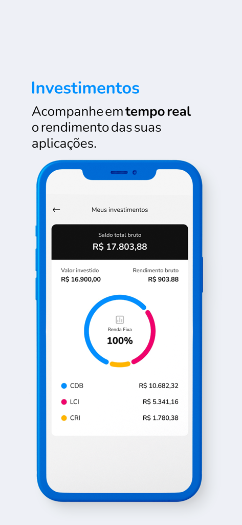 Banco Bari - Painel do aplicativo Banco Bari mostrando um portfólio de investimentos em renda fixa com detalhamento de CDB, LCI e CRI.