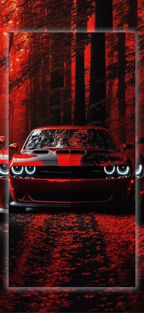 Car Wallpaper 4k - Un fondo de pantalla 4K de alta resolución que muestra la parte delantera de un muscle car rojo en un entorno forestal rojo a juego con hojas caídas.