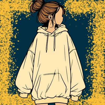realistic girl with a oversized sweatshirt on and a bun