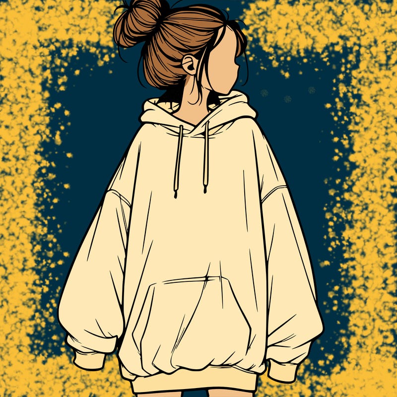 realistic girl with a oversized sweatshirt on and a bun