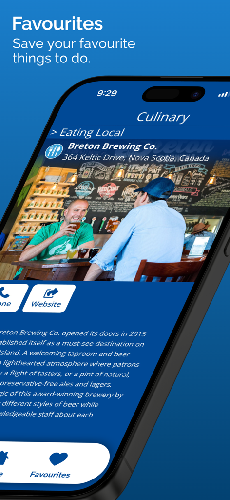 Visit Cape Breton 앱 즐겨찾기 화면이 Breton Brewing Co와 같은 현지 요리 추천을 보여줍니다.