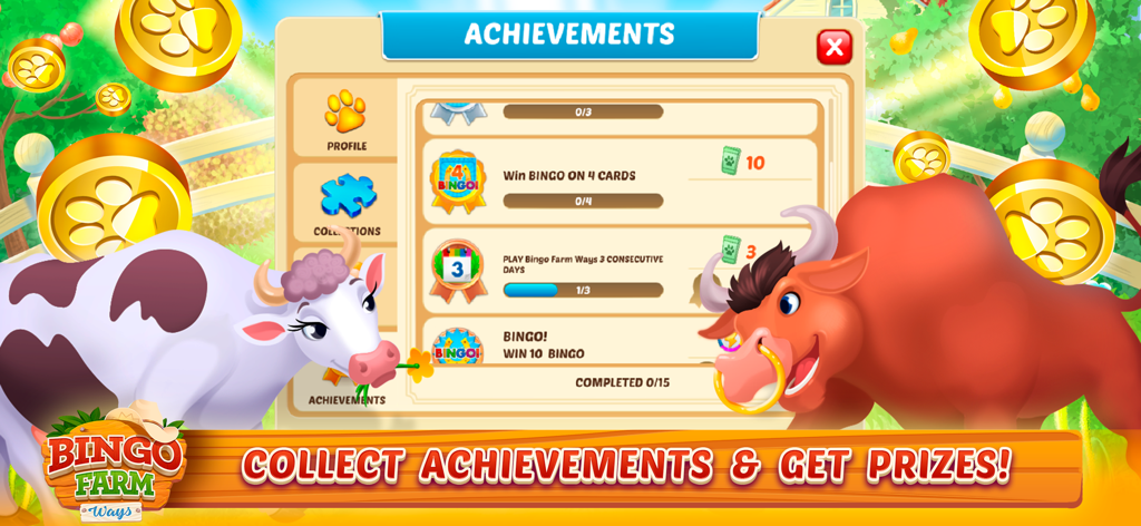 Bingo Farm Ways - Bingo Games - Bingo Farm Ways achievements menu featuring rewards and farm animals