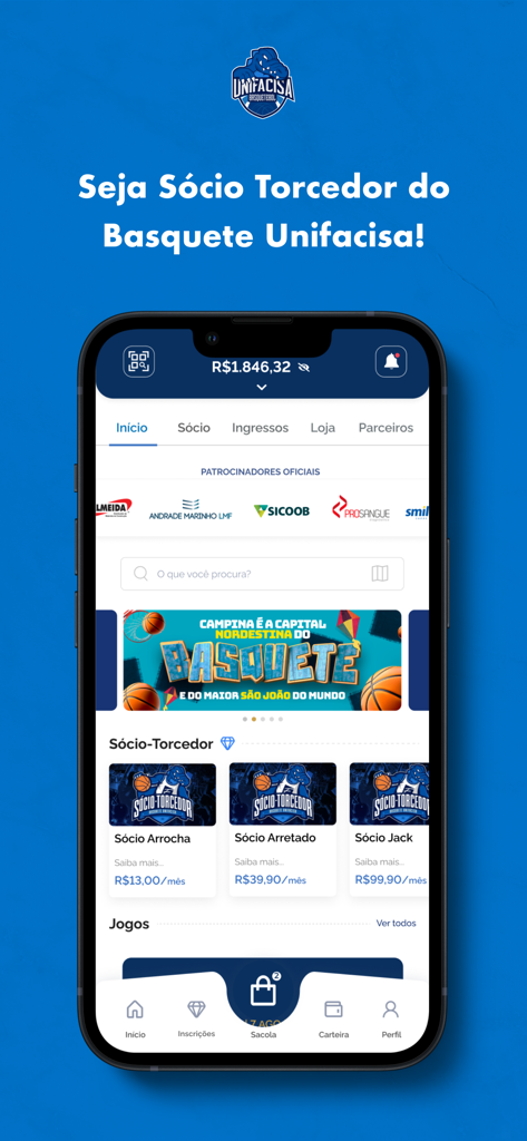 Basquete Unifacisa - Tela inicial do aplicativo móvel Basquete Unifacisa mostrando planos de associação de fãs