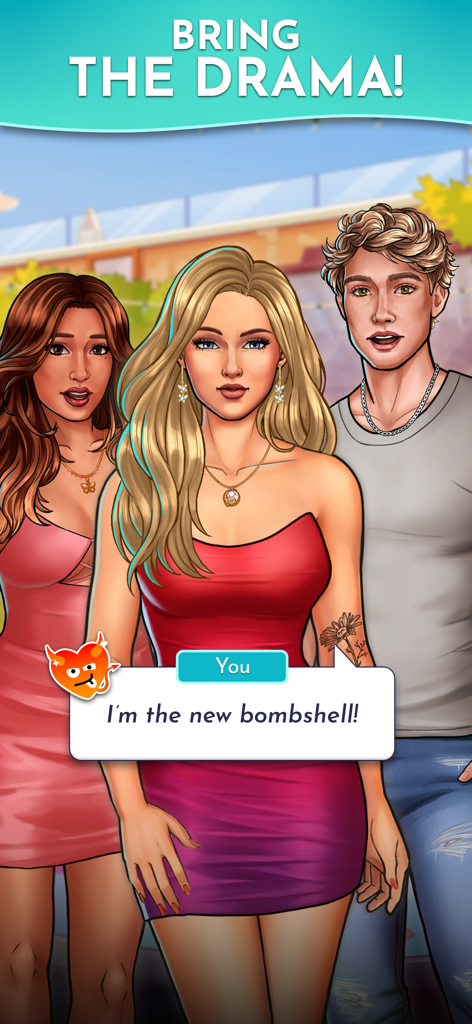 Três personagens estilosos em uma cena de Love Island The Game com o texto 'Cause o drama' e 'Eu sou a nova bombshell'