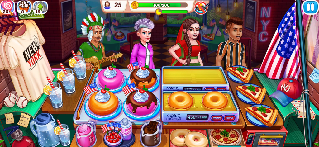 Cooking Event : Cooking Games - Nivel de restaurante temático de la ciudad de Nueva York en Evento de Cocina con donuts, pizza y clientes diversos