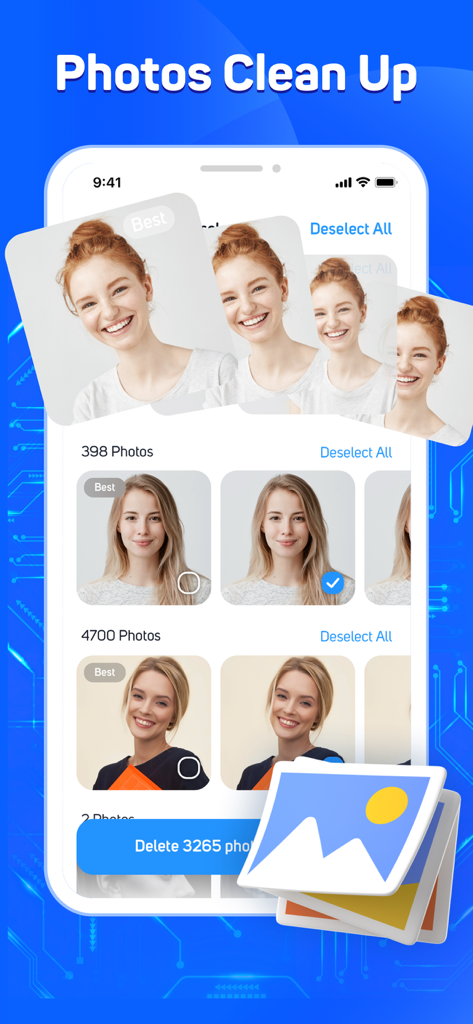 Interfaz de la aplicación Quick Cleaner que muestra la función de limpieza de fotos para identificar y eliminar imágenes duplicadas y liberar espacio de almacenamiento