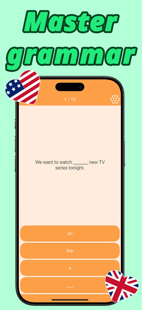 App di apprendimento della grammatica inglese che mostra un quiz a scelta multipla per gli articoli con icone di bandiere USA e UK.