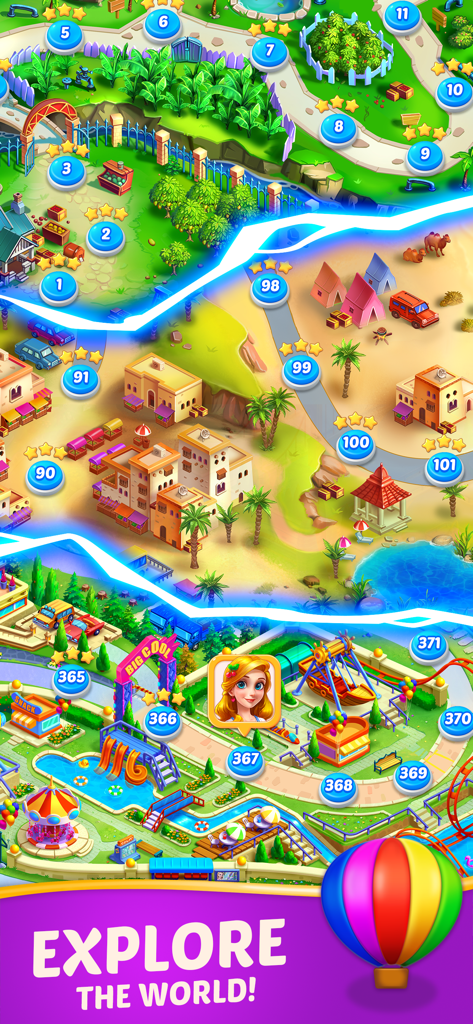 A colorful adventure map showing themed regions and numbered puzzle levels in Fruit Diary