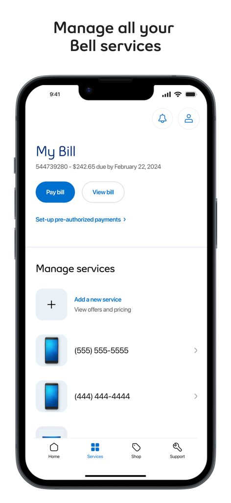 Interface de l'application MyBell affichant les détails de la facture et les options de gestion du service