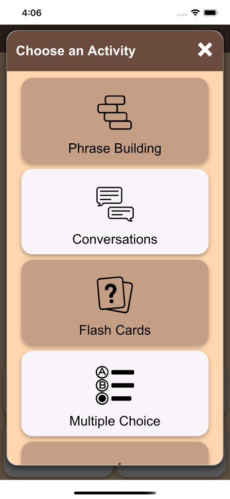 Speak Tagalog (Filipino) - Pantalla de selección de actividades en la aplicación Speak Tagalog que muestra la construcción de frases y tarjetas de memoria.