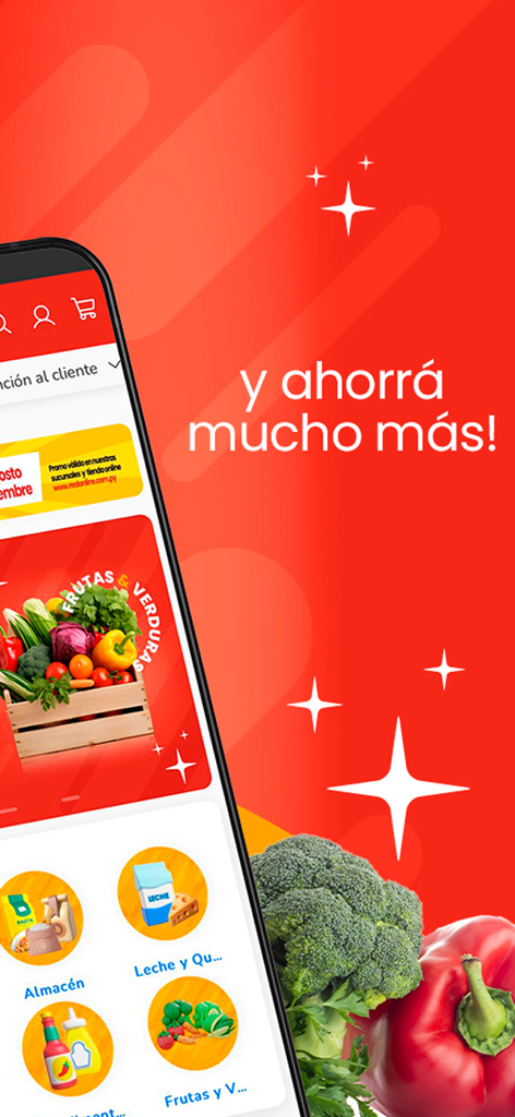 Real online - Écran de l'application Real Online montrant des produits frais et des catégories d'épicerie.