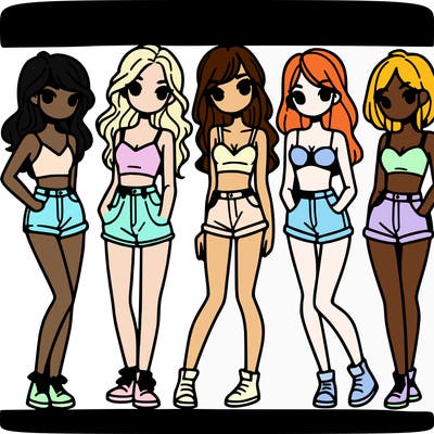 5 girls in crop tops and shorts