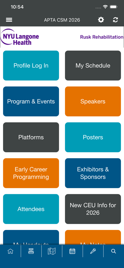 APTA CSM Events - Main dashboard of the APTA CSM Events app displaying navigation tiles for the conference schedule, speakers, and program information.