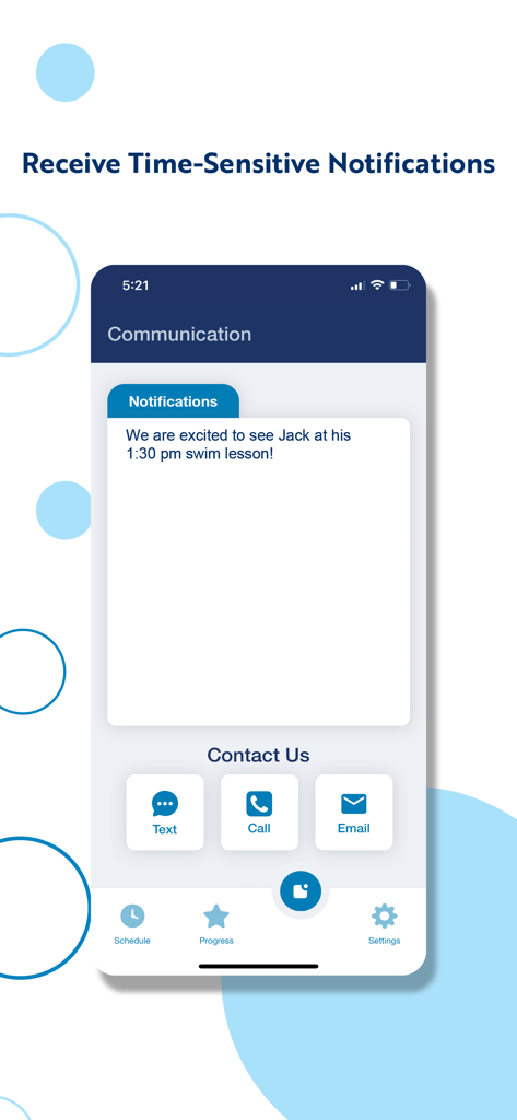 Aqua-Tots - Interface of the Aqua-Tots app showing a swim lesson notification and contact options for text call and email