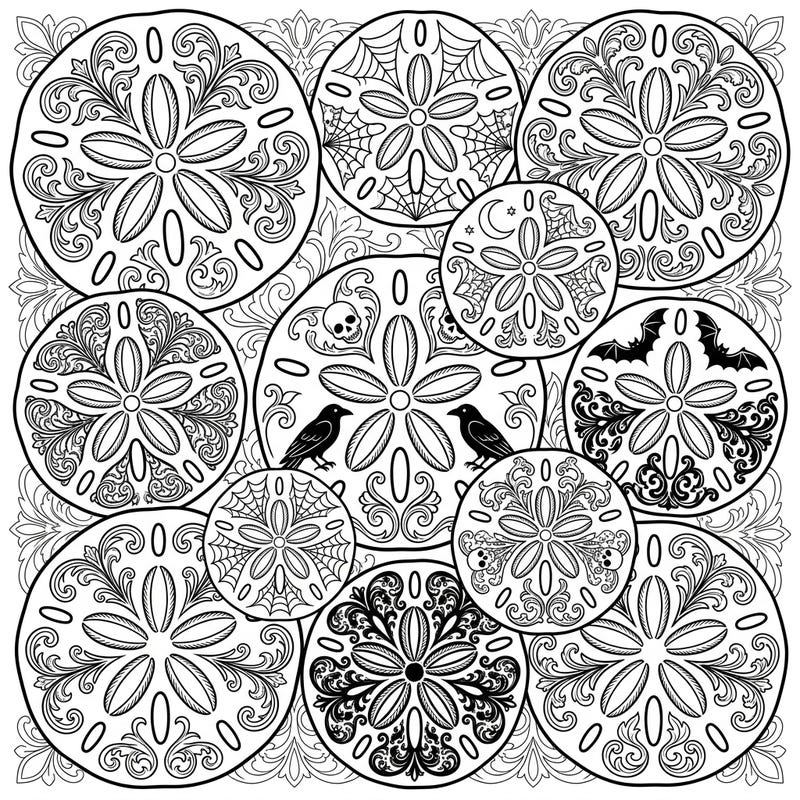 Explore the fascinating fusion of oceanic beauty and dark elegance with our Gothic Sand Dollars coloring page. This unique design combines the delicate structures of sand dollars with intricate Victorian lace and mysterious Gothic motifs, promising a captivating artistic journey.