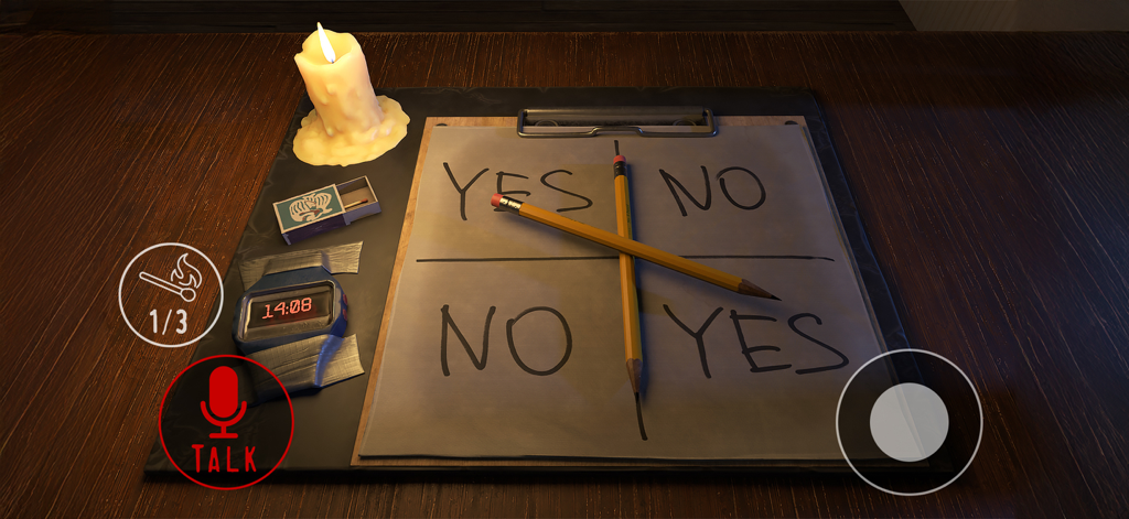 Charlie Charlie Game Challenge - A 3D simulation of the Charlie Charlie ritual showing crossed pencils on a paper with yes and no options next to a lit candle