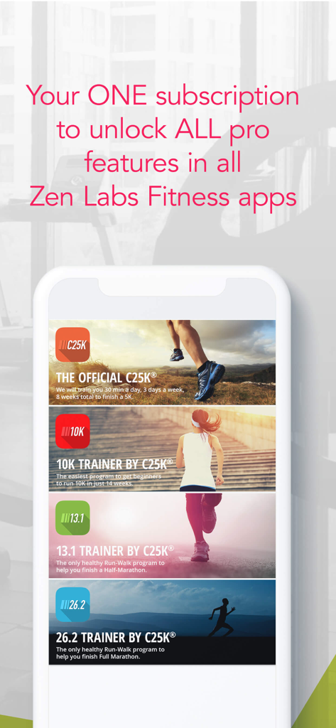 7 Minute Workout by C25K® - Pantalla de suscripción al Pase Ilimitado Zen que muestra las aplicaciones de entrenador C25K 10K 13.1 y 26.2.