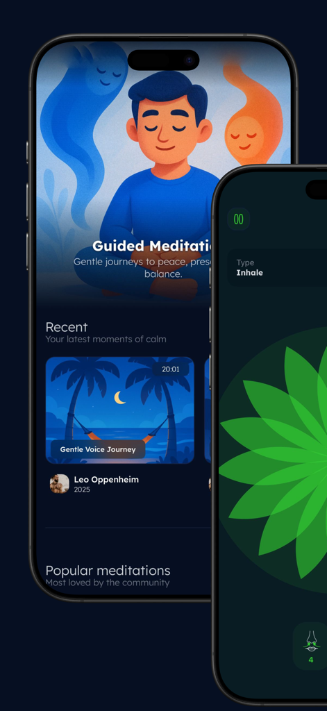 Calmora - Mindfulness - Two iPhone screens displaying the Calmora app featuring a guided meditation library and a visual breathing exercise