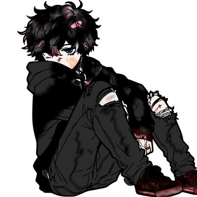 a male hoddie ripped jeans messy hair anime